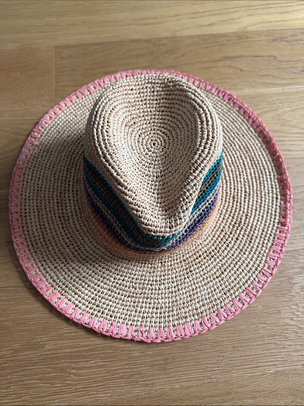Woven Straw Sun Hat with Pink Edge and Multicolor Band
